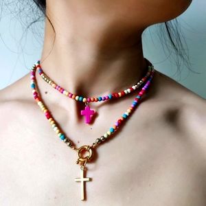Beaded 2 cross necklace